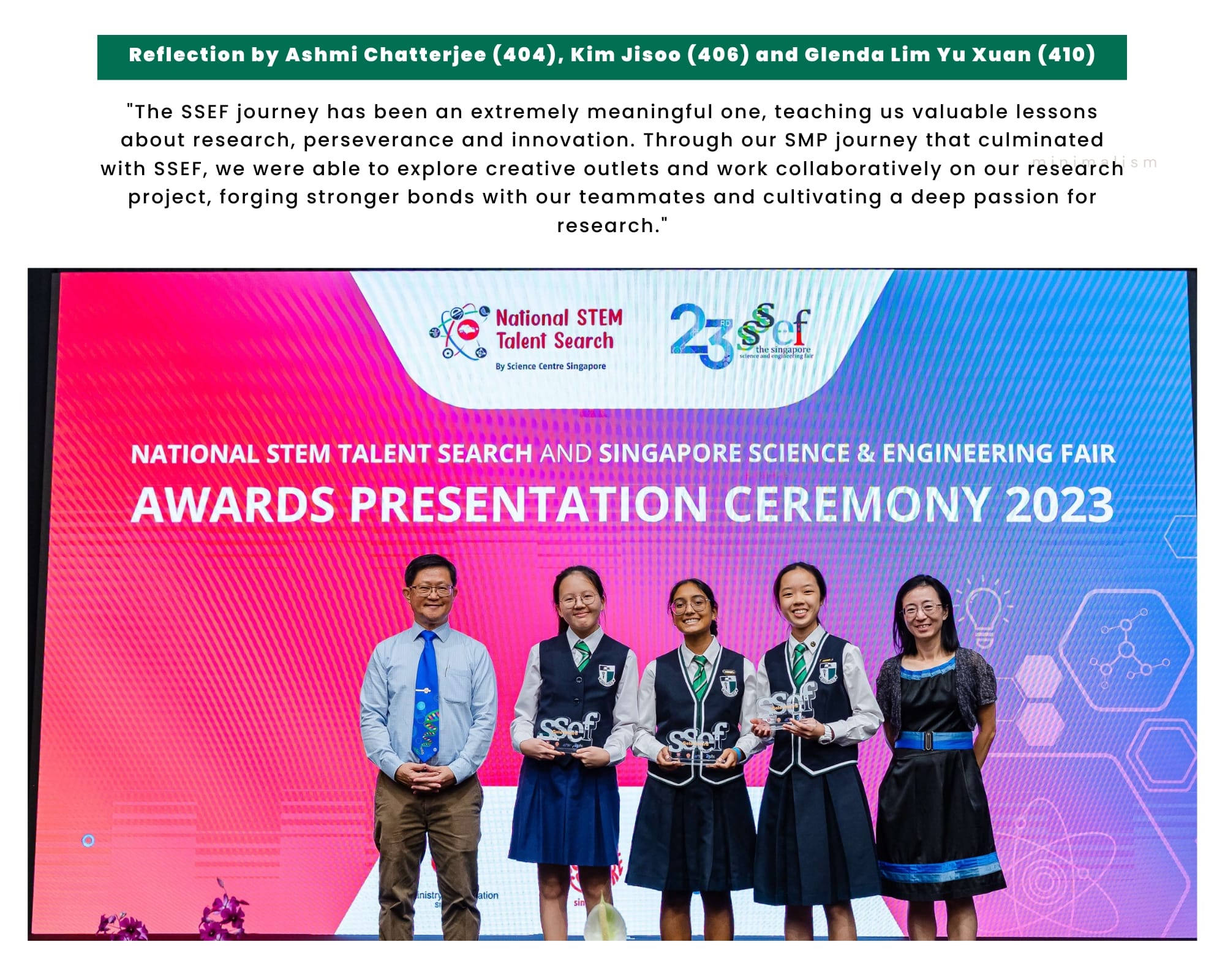 Five people stand on stage at the SSEF Awards Presentation Ceremony 2023, with three students holding trophies.